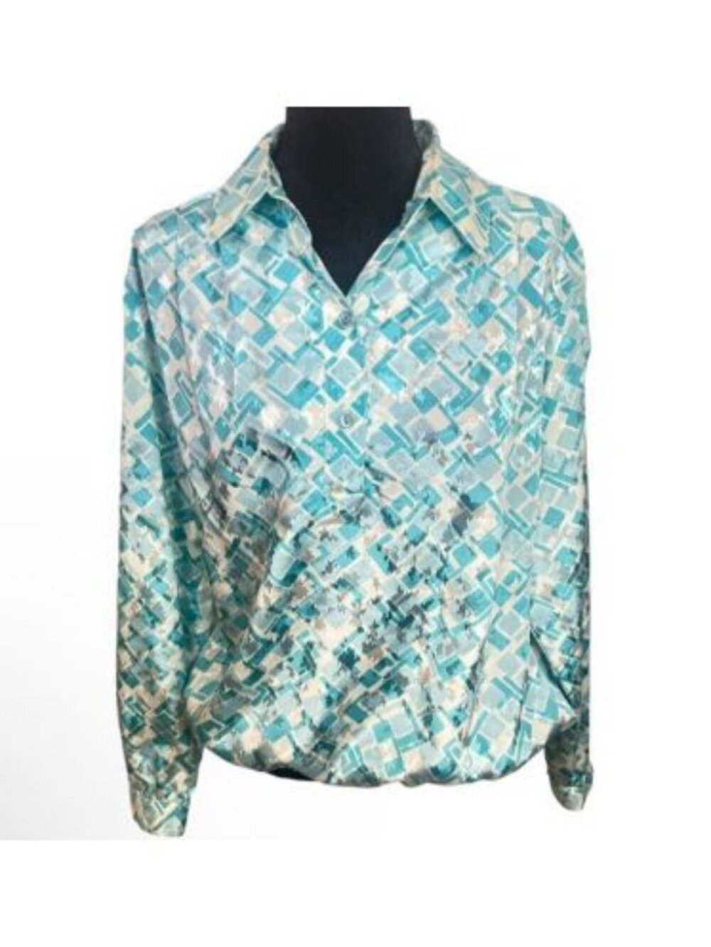 Vintage Da-Rue of California Blouse Sz 16 Elastic Waist 70s Silky Jacquard Shiny